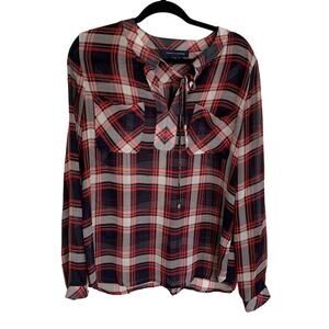 Tommy Hilfiger Tie Neck Button Up Shirt Women's L Red Plaid Long Sleeve Pockets
